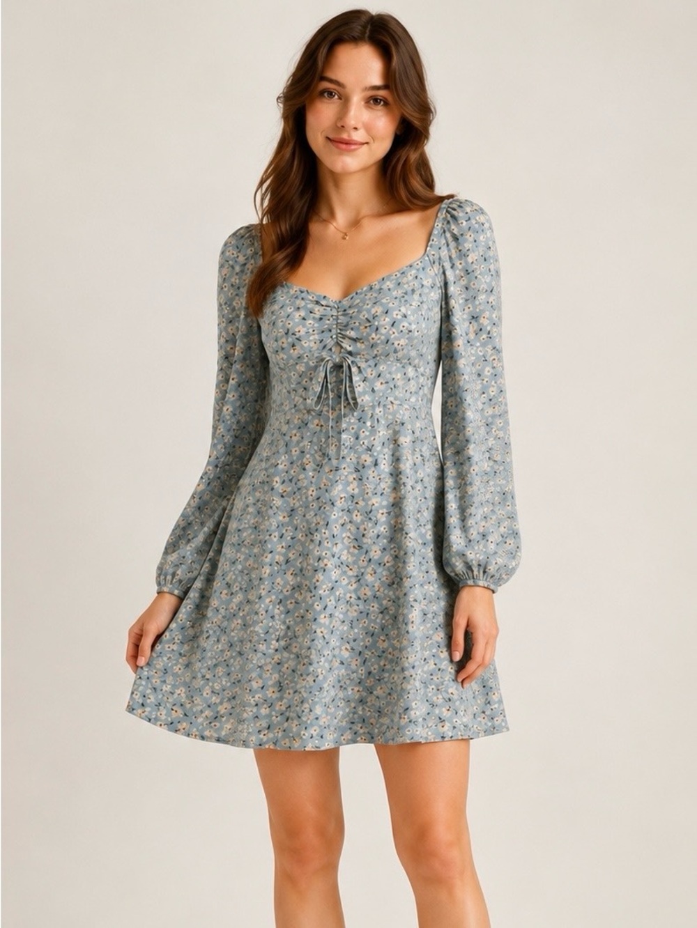 New Sz Lg Blue Floral Long-Sleeve Sweetheart Mini Dress Lily Rose Babydoll